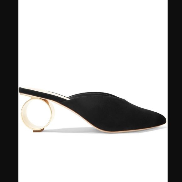 LOEFFLER RANDALL Juno Suede Pointed Toe Mules Slide Gold Circle Metal Heel - Picture 4 of 4